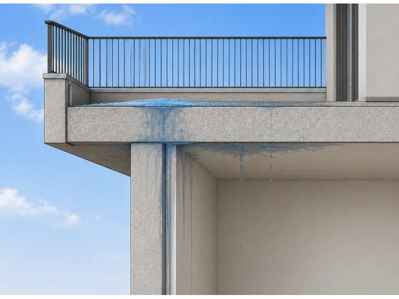 Querschnitt eines Balkons mit Abdichtungsaufbau